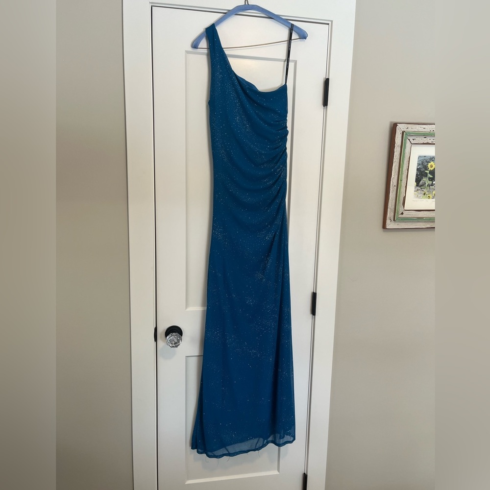 Blue one shoulder sparkly dress, size M, recently dry cleaned, good condition